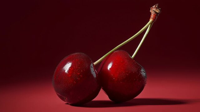 Two cherries are sitting on a red background. The cherries are shiny and wet. Conceptual cherry still life, smooth lighting, rich color saturation, simple and sophisticated composition for commercial 