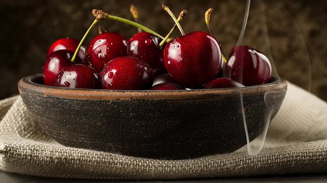 A bowl of cherries sits on a tablecloth. The cherries are ripe and juicy. Fresh cherries in a rustic bowl, natural textures, warm lighting, cozy and inviting mood, commercial food photography