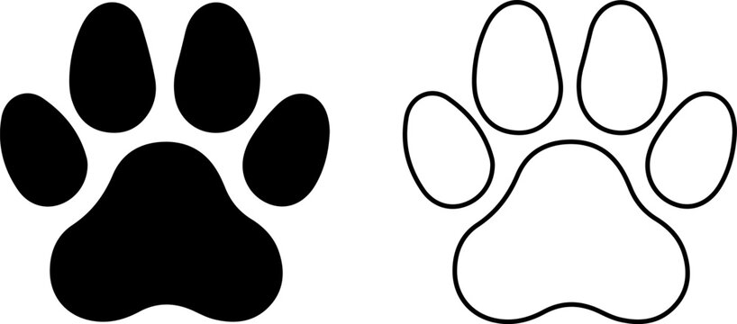 Black and outline dog paw prints on white background