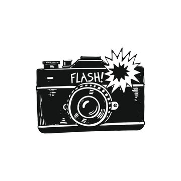 Black and white vintage camera illustration, hand drawn style retro detail rough texture pop art comic vector art.
