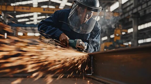 Empowering shot of a female factory worker grinding metal, creating bright sparks for industry, labor, and manufacturing concepts.
