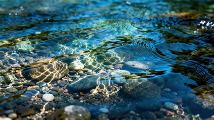Clear stream water flows through a mountain ravine, reflecting surrounding rocks and vegetation. The scene conveys pristine nature, ecological purity, and a peaceful mountain atmosphere.