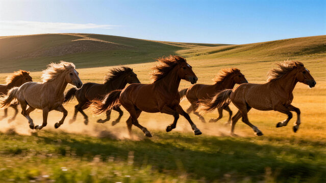 Horse herd galloping on grassland under sunlight