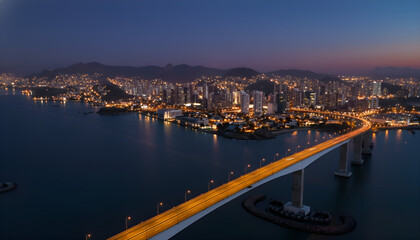 Naklejka premium Illuminated Bridge and City Skyline at Night in Vitória, Brazil