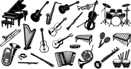 Obraz premium Musical Instruments Black and White Engraving Style Seamless Pattern. Music, Art Education Vector Collection Background with Classic and Modern Instruments.