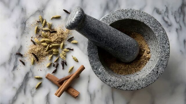 Top down view of aromatic spices with mortar and pestle on elegant marble kitchen countertop.