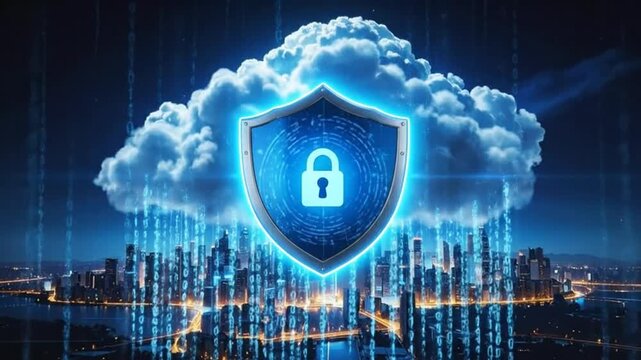 Digital security concept with a shield, padlock, cloud, and binary code over cityscape.