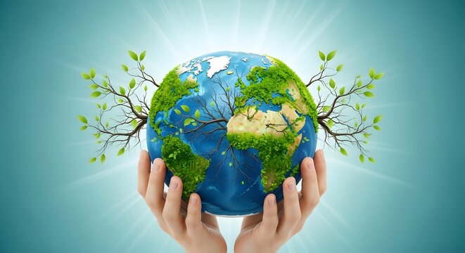 Earth day celebration hands holding globe with green leaves embodying environmental conservation and sustainability on our planet