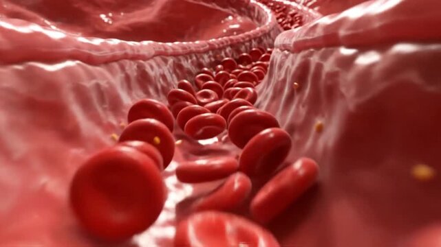 Close-up view of red blood cells flowing through a blood vessel, medical concept.