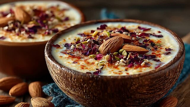 Delicious creamy rice pudding dessert with almonds and rose petals served in a wooden bowl.