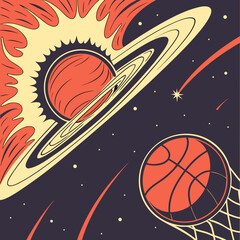 Orange basketball in space with planet Saturn and sun © MST SABLRON