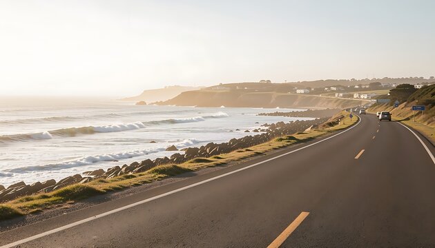 Coastal road trip on R44 passing Somerset West to Bay, gentle waves breaking on rocks during sunny weather, weather conditions, created with generative ai