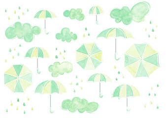 梅雨、雨、傘、雲、黄色、グリーン、白罫線
