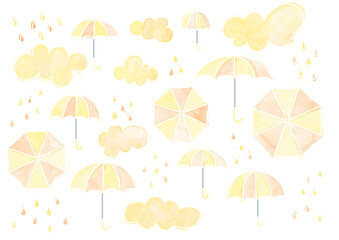 梅雨、雨、傘、雲、黄色、オレンジ、白罫線
