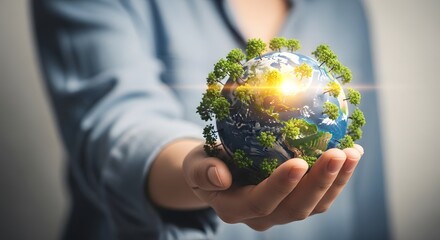 Celebrating earth day a person holding a sustainable globe with lush greenery and bright light