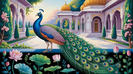Mughal Floral Pattern with Peacock Motifs and Architectural Elements for Invitation Background
