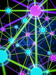 Abstract neural network made of glowing nodes and connecting lines in a dark space. Tech Background.