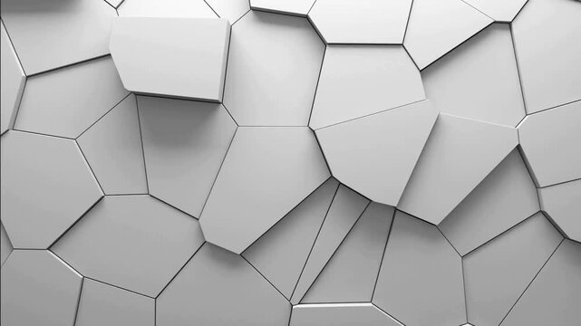 Abstract White Geometric Motion Background with Shifting 3D Voronoi Tiles, Minimalist Architectural Surface with Soft Shadows and Clean Modern Pattern for Corporate Presentations.
