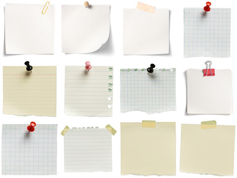 collection of blank paper notes, sticky notes, and memo pads, each secured with pins or clips, isolated on black.