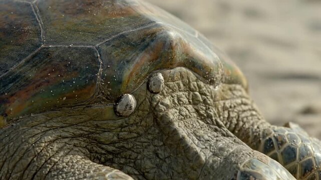 Close-up of a sea turtle's head and shell on sandy beach.