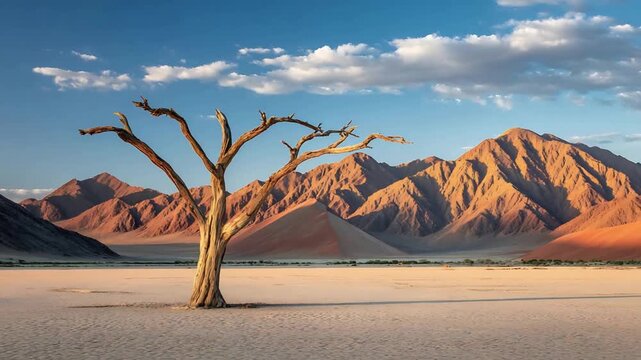 Ancient Petrified Tree Stands Tall in Desolate Namibian Desert Landscape at Golden Hour.
