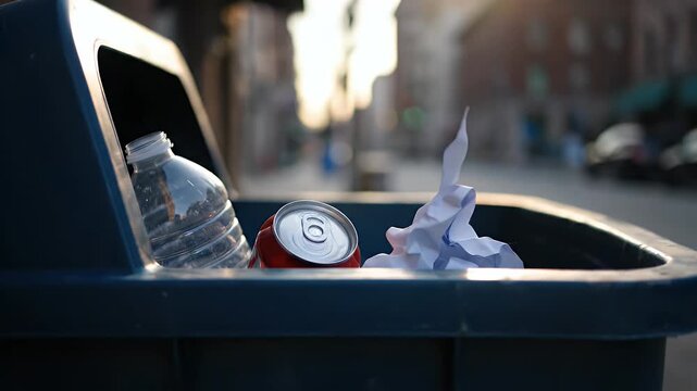 Close Up of Trash Bin on Street with Empty Bottle Can and Crumpled Paper in Sunlight