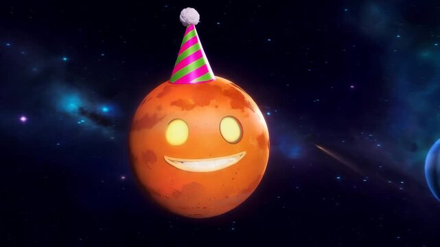 Smiling planets wearing party hats, drifting in a digital night sky, surreal silliness, playful fantasy