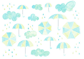 梅雨、雨、傘、雲、黄色、水色、白罫線
