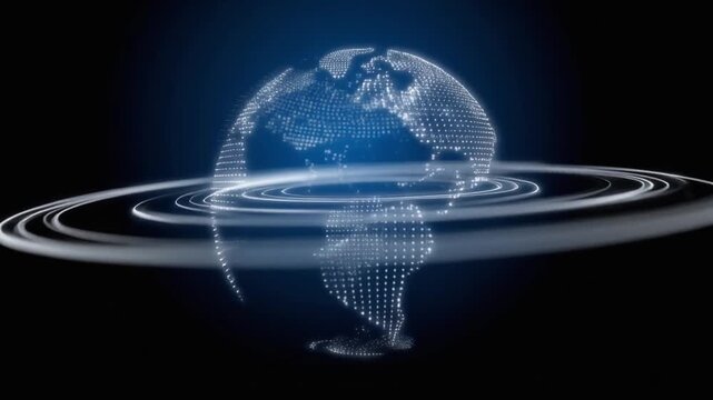 A digital wireframe globe with glowing blue dots and concentric rings, symbolizing global technology and connectivity.