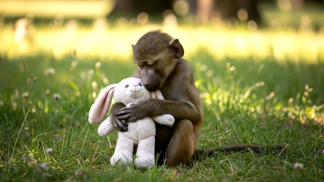 A baboon gently cuddling a stuffed rabbit toy in a sunny, grassy park setting