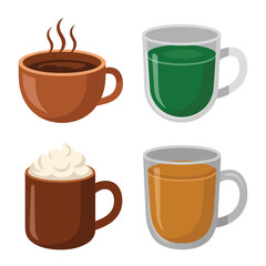 Obraz premium Mixed hot beverage mugs, steaming coffee, herbal tea, latte foam, winter cafe festival branding, tasting session menu graphics, vector illustration