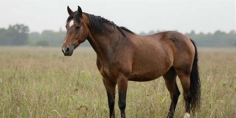 Obraz premium Horse standing calmly in tall grass with rippling mane - embodying strength in stillness and patience.