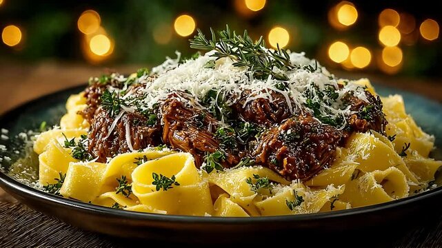 Gourmet Pappardelle Pasta with Slow Cooked Beef Ragu, Parmesan Cheese, and Fresh Herbs.