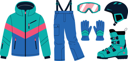 Winter Sports Clothing Vector Illustration Set with Ski Apparel and Accessories