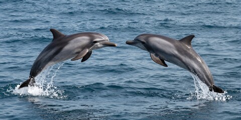 Naklejka premium Two dolphins leaping in synchronized arcs over waves - representing joy, unity, and fluid balance.