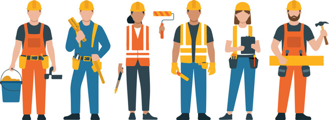 Construction Workers Vector Illustration Set with Builders, Helmets, and Tools