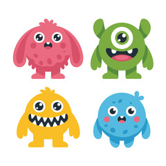 Fototapeta premium Cartoon monster set with pink fluff, green cyclops, yellow toothy beast and blue swimmer, characters for sticker packs and posters