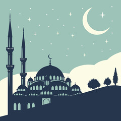 Islamic mosque silhouette under starry night sky with crescent moon