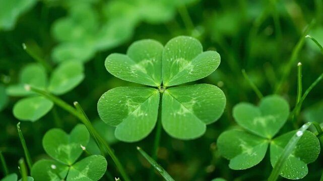 Extreme close-up of a vibrant green four-leaf clover in a lush grassy field