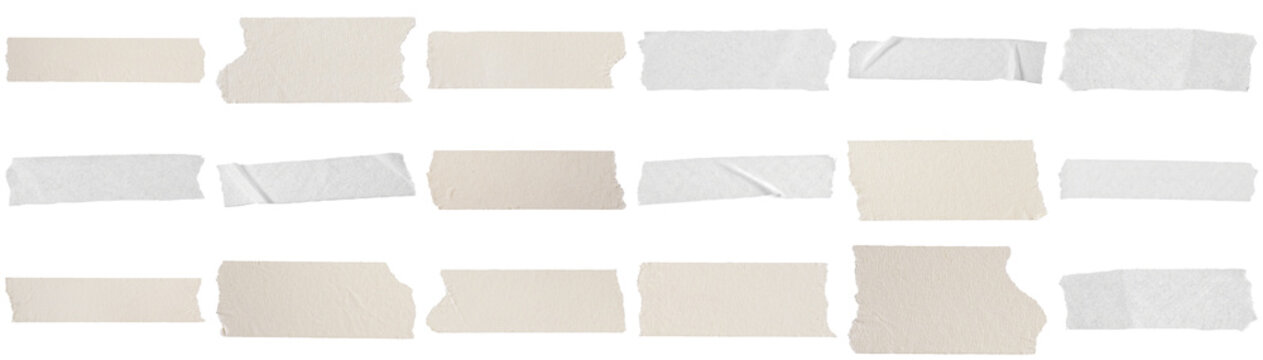collection of ripped and crumpled white masking tape pieces, showcasing varied textures, expertly isolated on a pure transparent background. photography.
