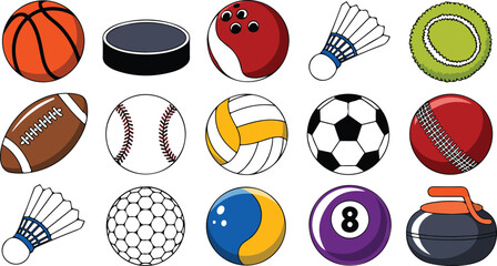Obraz premium Sports Ball and Equipment Vector Illustration Set in Colorful Flat Style