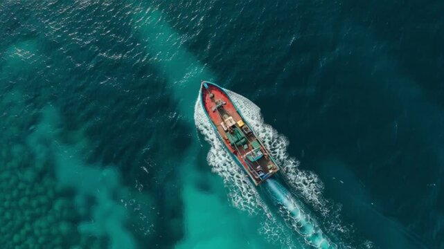 a fishing boat in the sea of turkey. Flying over a Commercial Fishing Ship that Pulls Trawl Net. Shot on Camera in 4K (UHD).