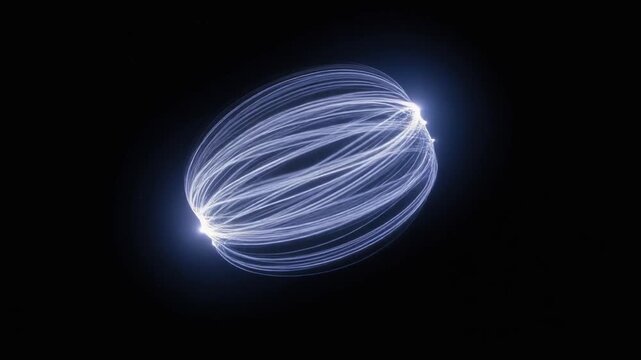 Hypnotic blue light trails form an intricate, glowing elliptical pattern on a dark, mysterious background.