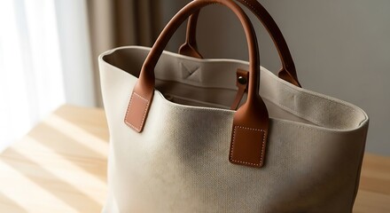 Elegant Beige Canvas Tote Bag with Brown Leather Handles.