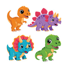 Colorful baby dinosaur group vector, stegosaur, triceratops, raptor, friendly characters for dinosaur day festival poster, birthday invitation, sticker pack. © RA Studio