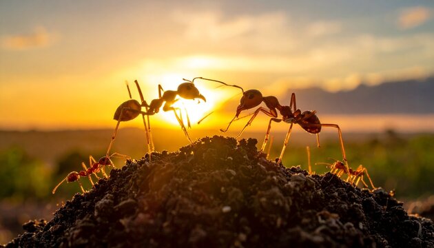 Close-up view of ants at work, silhouetted against a setting sun, on a dirt mound