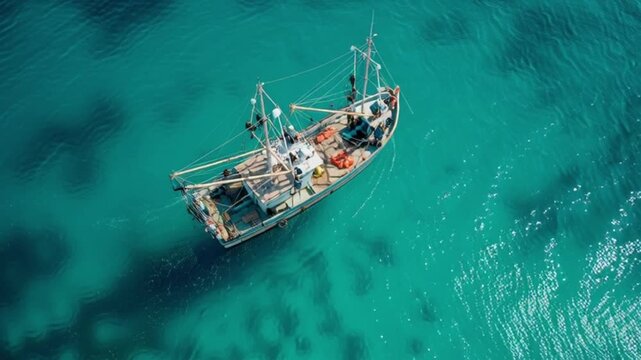a fishing boat in the sea of turkey. Flying over a Commercial Fishing Ship that Pulls Trawl Net. Shot on Camera in 4K (UHD).