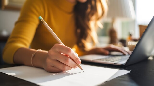 Creative Writing Moment: A focused individual engrossed in creative writing, meticulously crafting words on paper with a pencil while surrounded by a laptop, emphasizing the art of composition.
