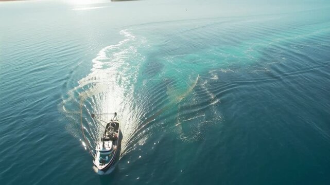a fishing boat in the sea of turkey. Flying over a Commercial Fishing Ship that Pulls Trawl Net. Shot on Camera in 4K (UHD).