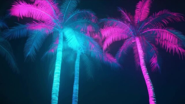 Vibrant neon palm trees illuminated in pink and blue against a dark background, creating a tropical and energetic atmosphere for summer vibes